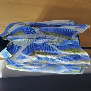 2OH silk blue green sheer color wave asymmetric long sleeve shirt